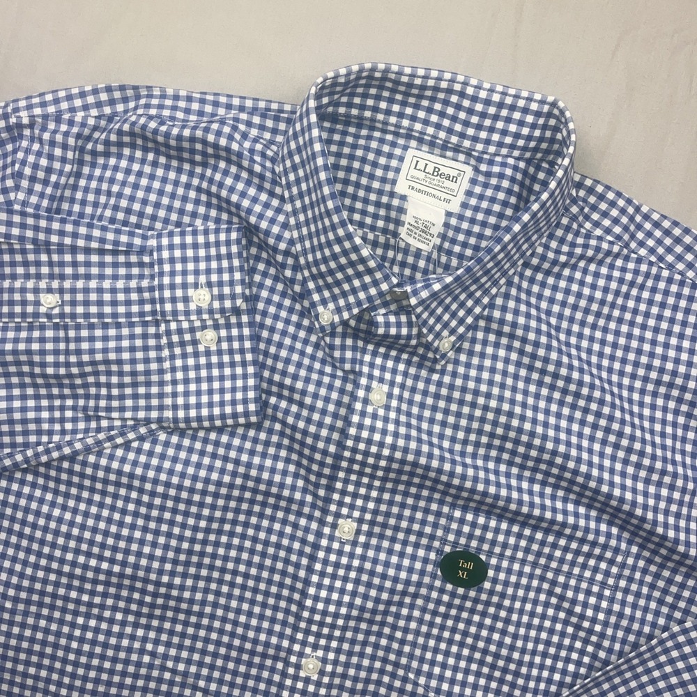 LL Bean Wrinkle Free Kennebunk Sport Shirt Mens XLT Blue Traditional Fit Check